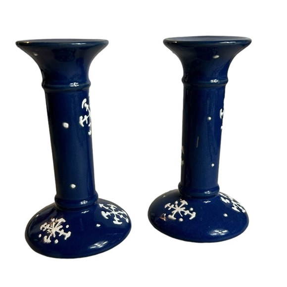 Blue White Snowflake Taper Candle Holder Vintage 90s Hermitage Pottery Christmas - Picture 2 of 5